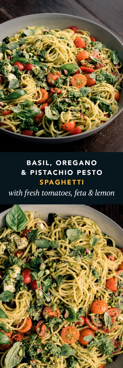 Basil, Oregano & Pistachio Pesto Spaghetti with Fresh Tomatoes, Feta & Lemon  |  Gather & Feast