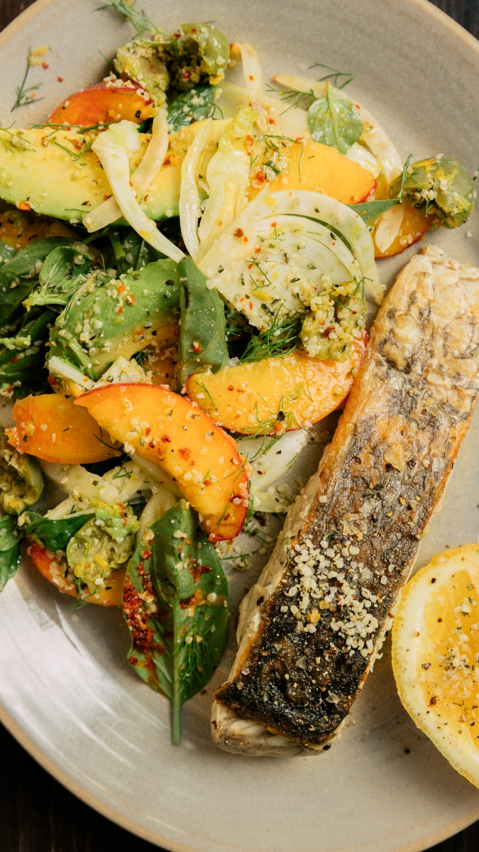 Pan-Fried Barramundi with Smashed Green Olive, Fennel, Peach & Basil Salad | Gather and Feast