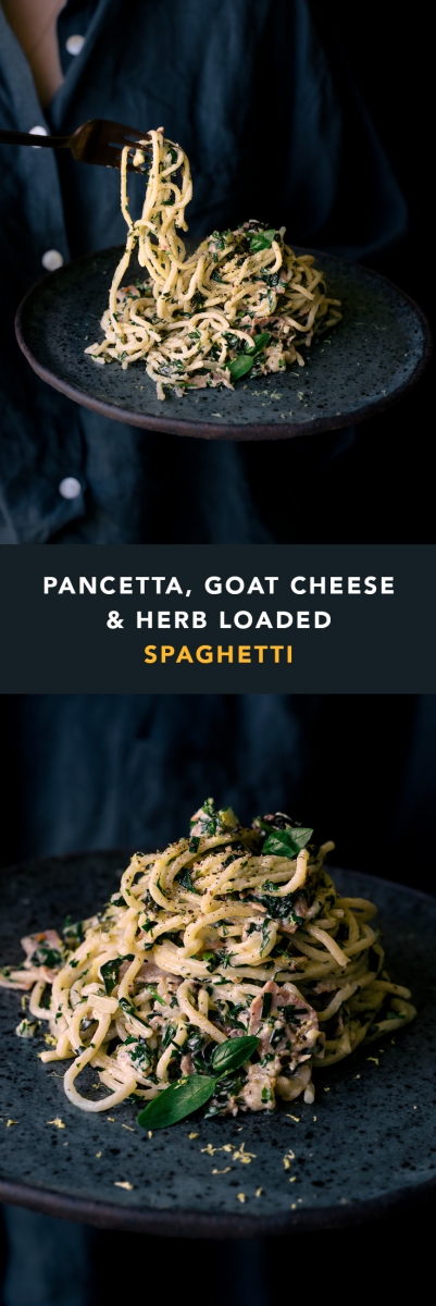 Pancetta, Goat Cheese & Herb Loaded Spaghetti  |  Gather & Feast