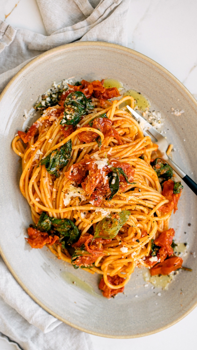 Simple Roasted Tomato & Smokey Chili Spaghetti  |  Gather & Feast