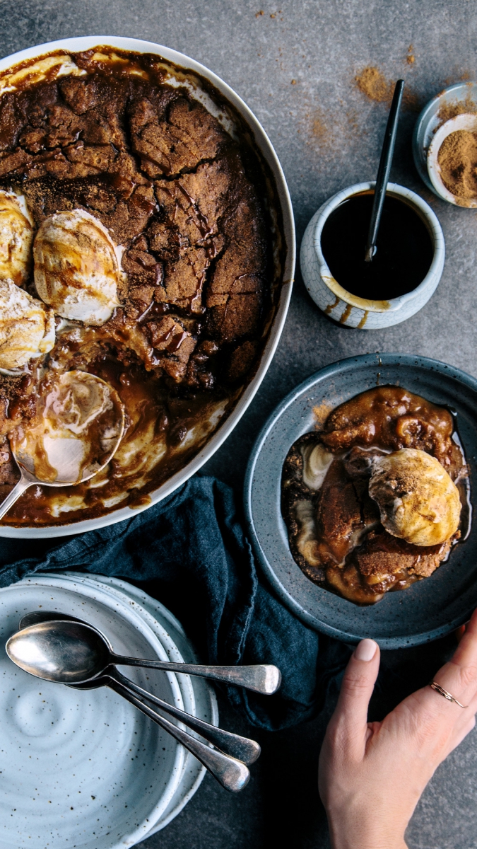 Vegan Caramel, Date & Fresh Ginger Self-Saucing Pudding | Gather & Feast