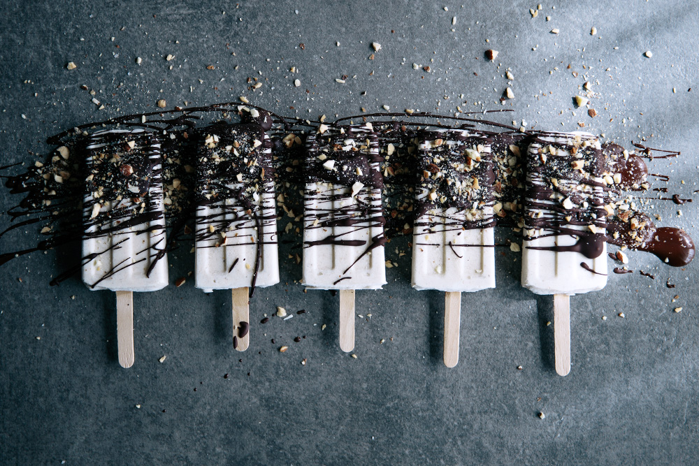 Banana & Vanilla Pops with Salted Dark Chocolate & Crushed Roasted Almonds  |  Gather & Feast