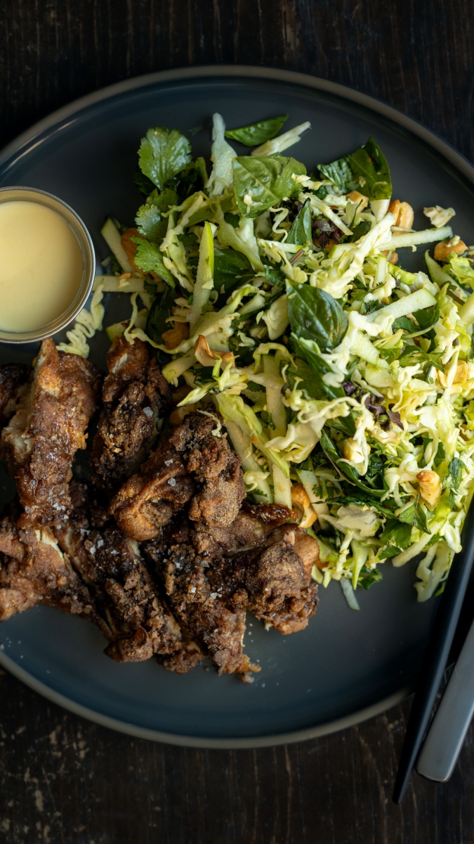 5 Spice Crispy Chicken with Maple Dijon Dipping Sauce & Green Apple & Thai Basil Slaw | Gather & Feast
