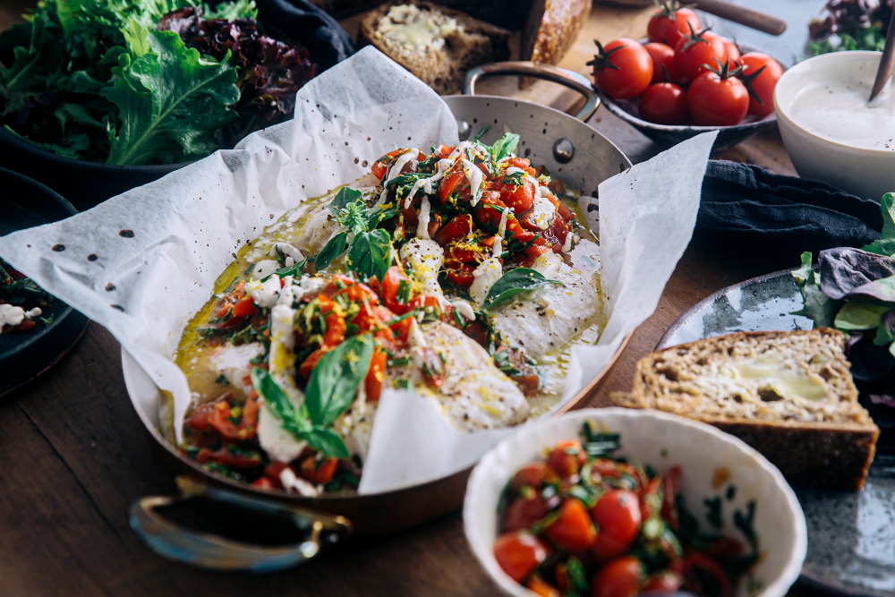 Baked Rockling with Tomato Basil & Lemon Salsa with Creamy Cashew Aioli  |  Gather & Feast