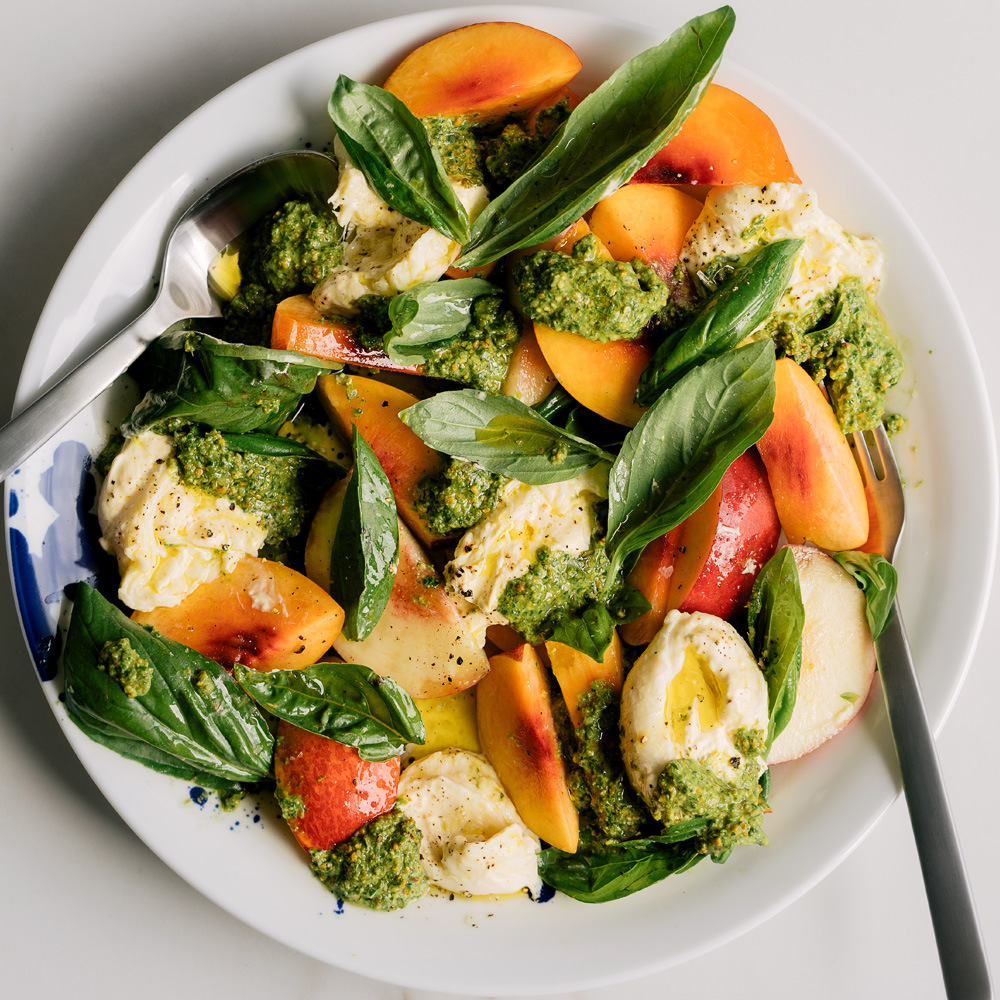 Nectarine, Basil & Burrata Salad with Basil & Pistachio Vinaigrette  |  Gather & Feast