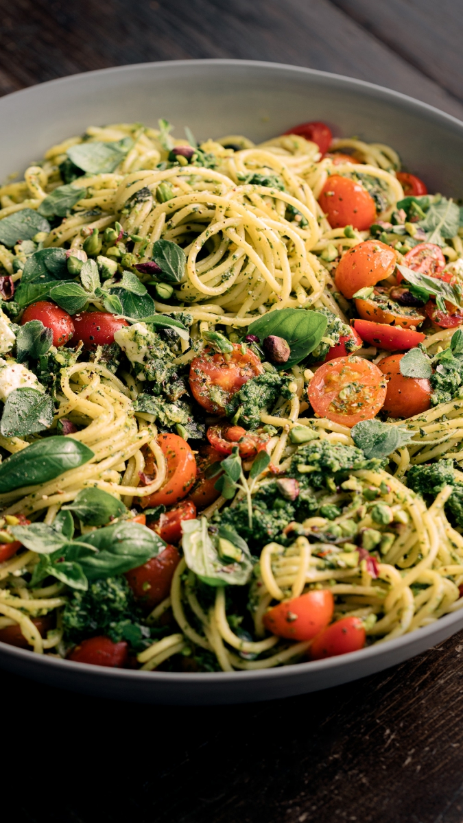 Basil, Oregano & Pistachio Pesto Spaghetti with Fresh Tomatoes, Feta & Lemon | Gather & Feast