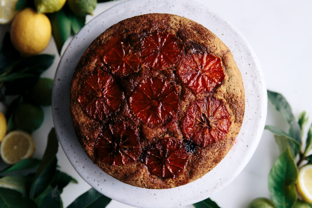 Blood Orange & Blackberry Vanilla Gluten Free Cake with Warm Orange Syrup & Fresh Mint  |  Gather & Feast