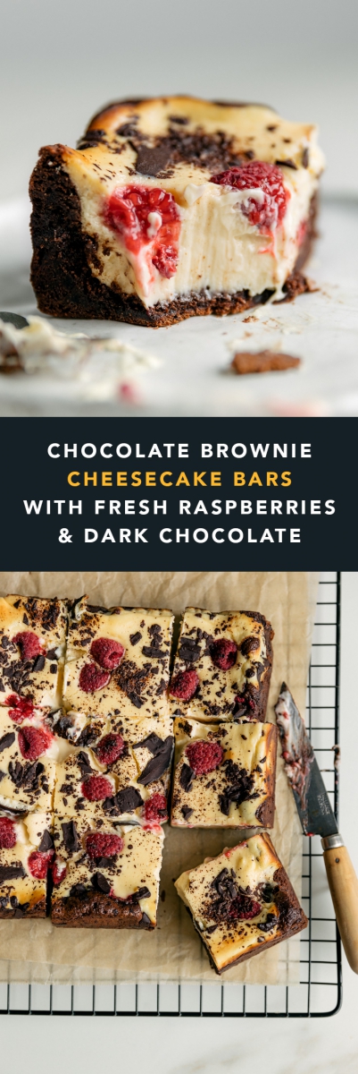 Chocolate Brownie Cheesecake Bars with Fresh Raspberries and Dark Chocolate  |  Gather & Feast