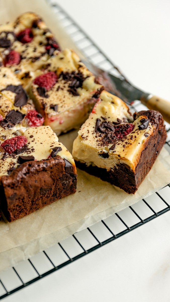 Chocolate Brownie Cheesecake Bars with Fresh Raspberries and Dark Chocolate  |  Gather & Feast