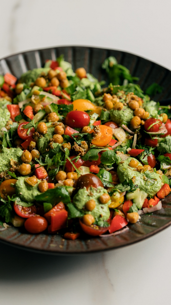 Chopped Veg & Warm Garlic Spiced Chickpea Salad with Creamy Green Tahini Dressing  |  Gather & Feast