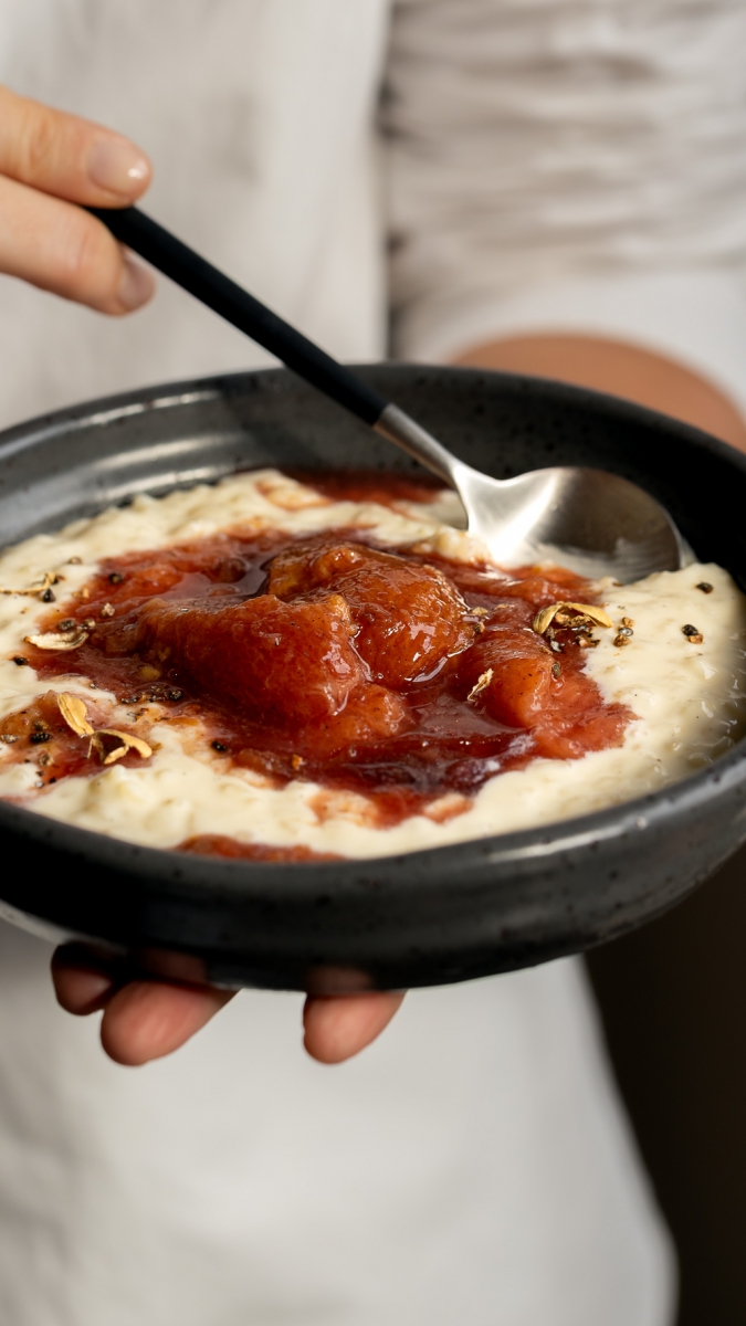 Cold & Creamy Vanilla Rice Pudding with Cardamom-Stewed Plums | Gather & Feast