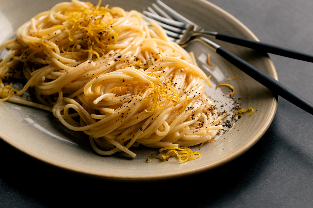 Creamy Lemon Spaghetti with Olive Oil Fried Lemon Zest  |  Gather & Feast