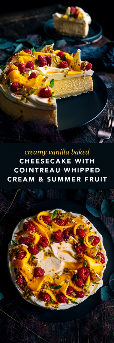 Creamy Vanilla Baked Cheesecake with Cointreau Whipped Cream & Fresh Summer Fruit  |  Gather & Feast
