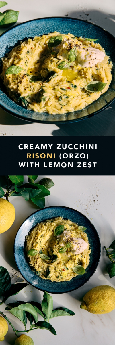Creamy Zucchini Risoni (Orzo) with Lemon & Fresh Mozzarella  |  Gather & Feast