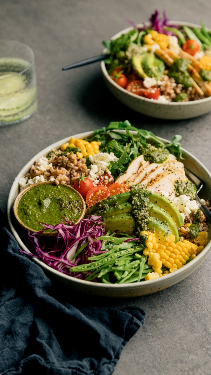 Farro, Lentil & Lemon Pepper Chicken Nourishing Bowls with a Fresh Basil Vinaigrette  |  Gather & Feast