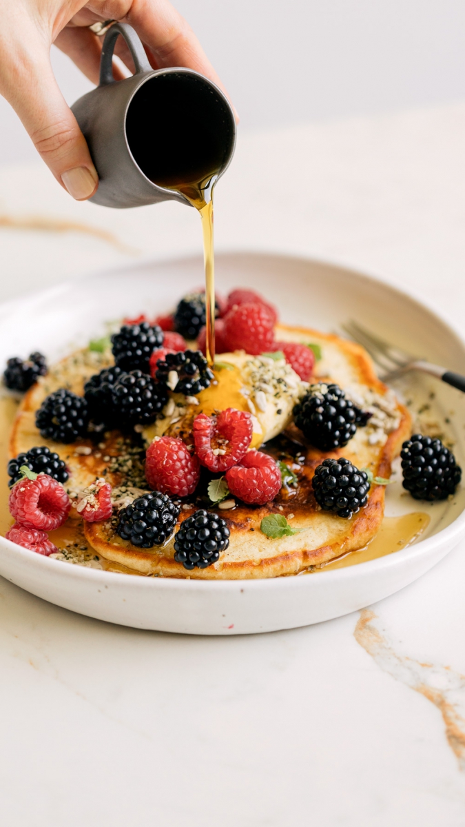 Blackberry Buttermilk Pancakes Topped with Raspberries & Blackberries, Pure Maple Syrup & Seeds  |  Gather & Feast