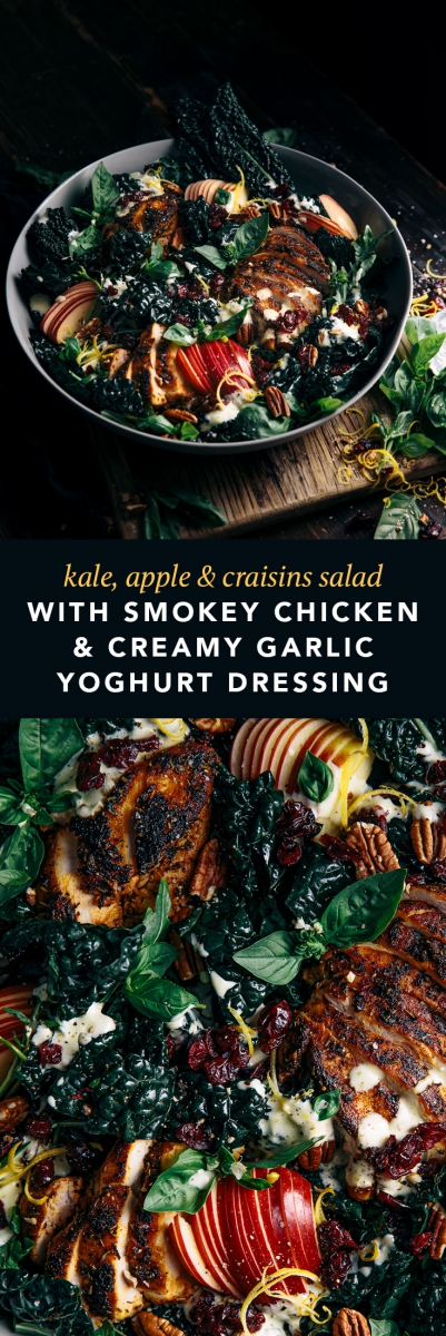 Kale, Apple & Craisins Dried Cranberries Salad with Smokey Chicken & Creamy Garlic Yoghurt Dressing  |  Gather & Feast