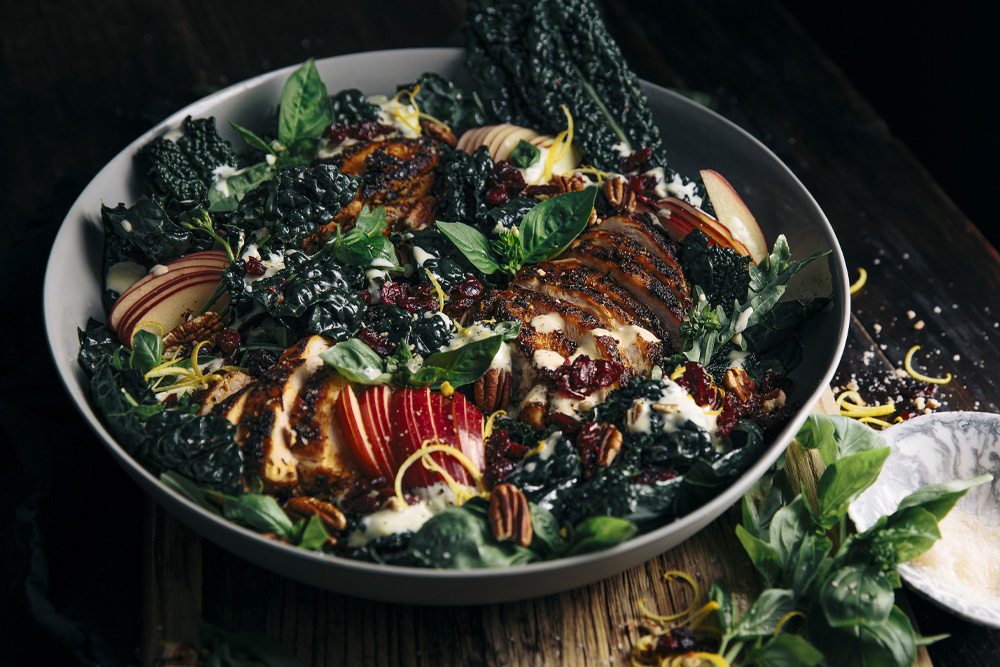 Kale, Apple & Craisins Dried Cranberries Salad with Smokey Chicken & Creamy Garlic Yoghurt Dressing  |  Gather & Feast
