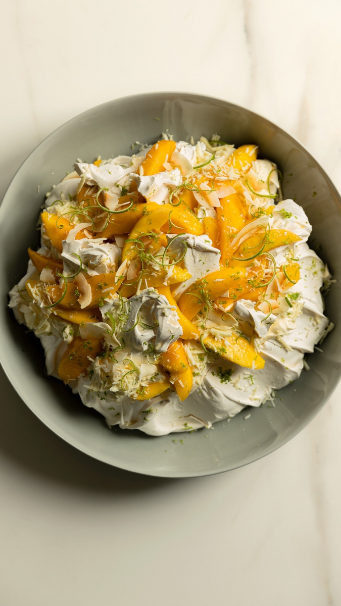 Mango, Lime & Toasted Coconut Smashed Pavlova with White Chocolate  |  Gather & Feast