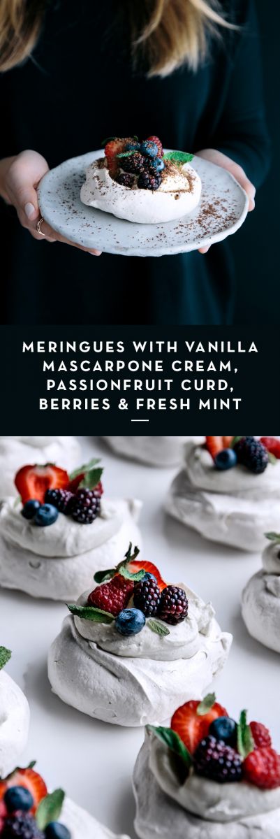 Meringues with Vanilla Mascarpone Cream, Passionfruit Curd, Berries & Fresh Mint  |  Gather & Feast