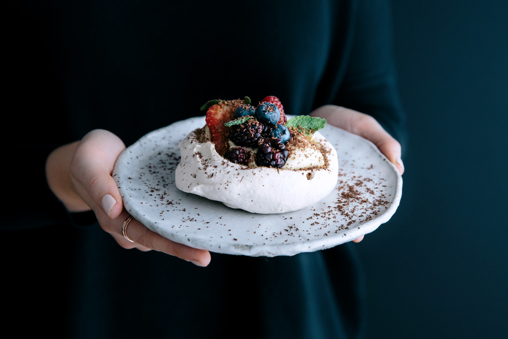 Meringues with Vanilla Mascarpone Cream, Passionfruit Curd, Berries & Fresh Mint  |  Gather & Feast