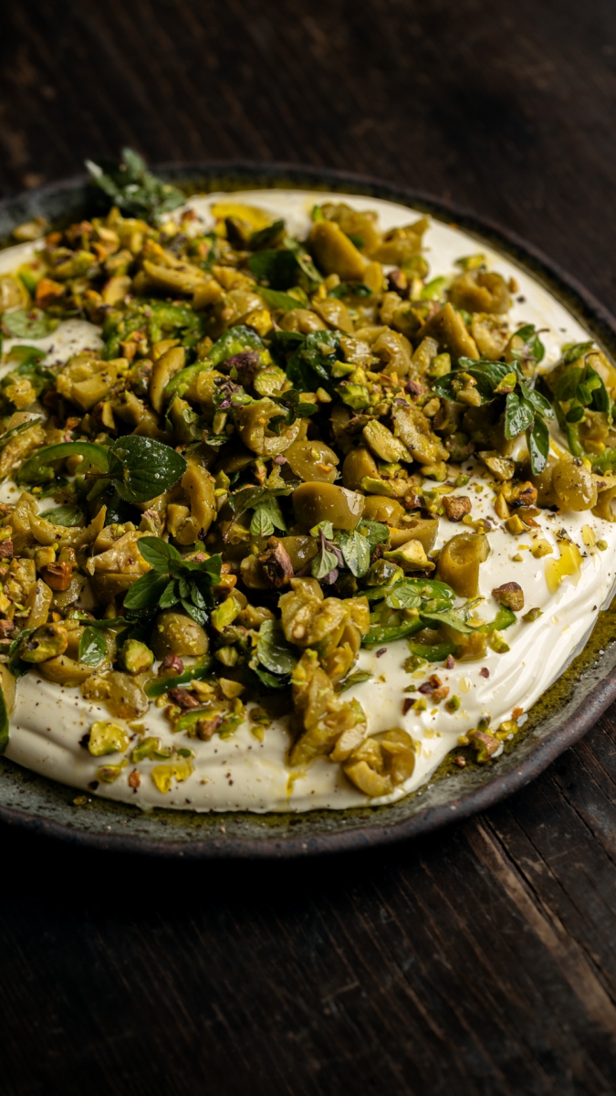 Olive, Yoghurt & Pistachio Dip with Fresh Oregano & Green Chili | Gather & Feast