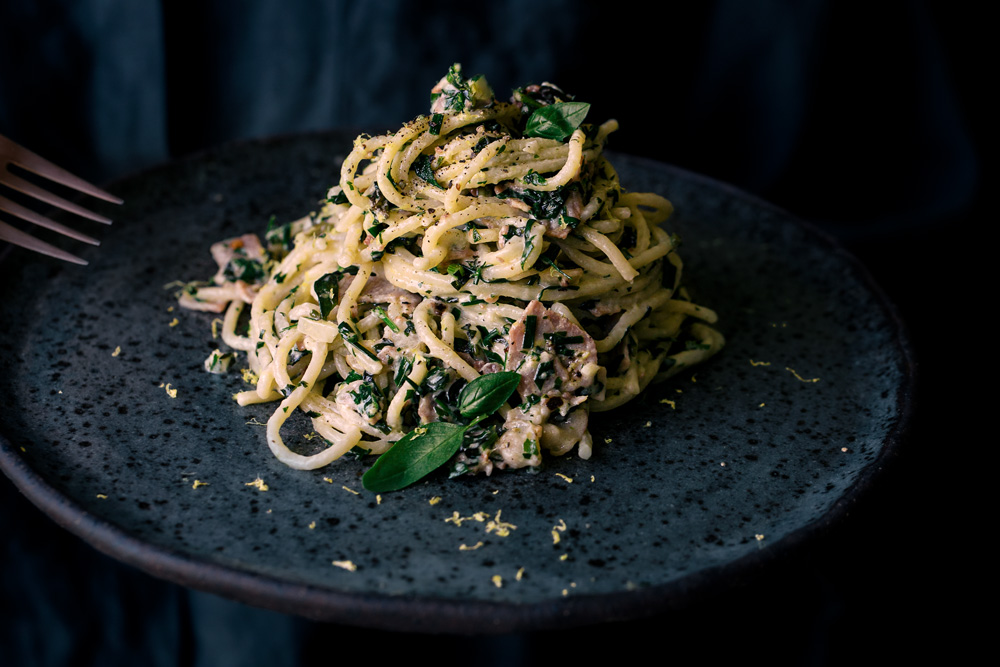 Pancetta, Goat Cheese & Herb Loaded Spaghetti  |  Gather & Feast