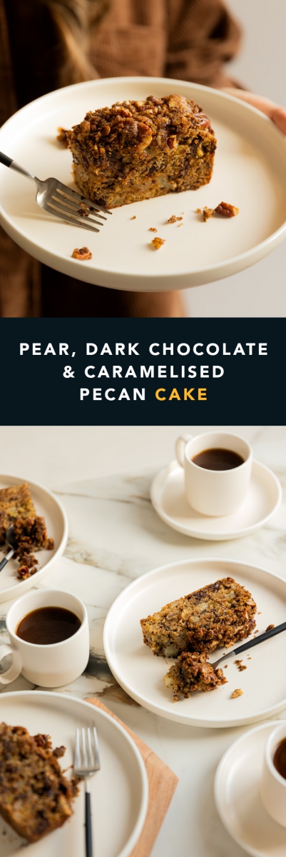 Pear, Dark Chocolate & Caramelised Pecan Cake  |  Gather & Feast