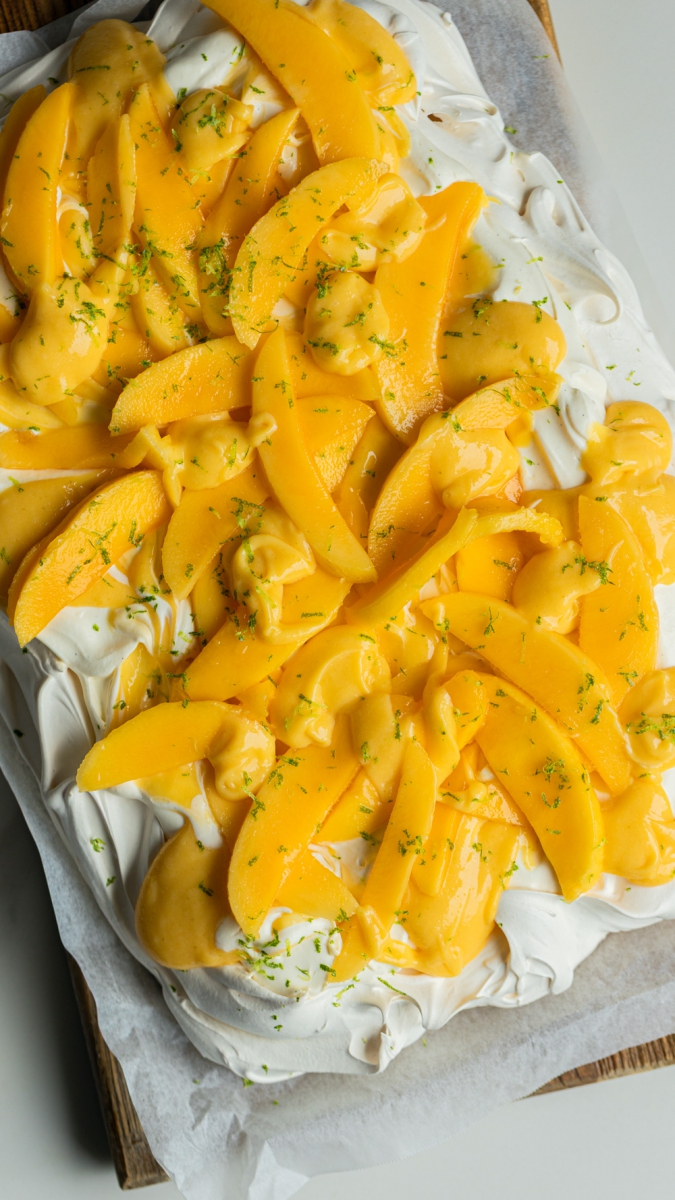 Fresh Mango & Mango Curd Sheet-Style Pavlova | Gather & Feast