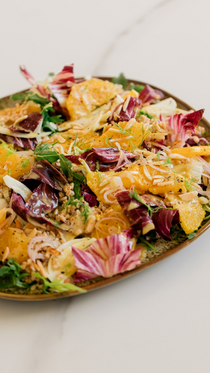 Radicchio, Farro & Fennel Salad with Orange, Toasted Almonds & a Honey Mustard Tahini Dressing  |  Gather & Feast
