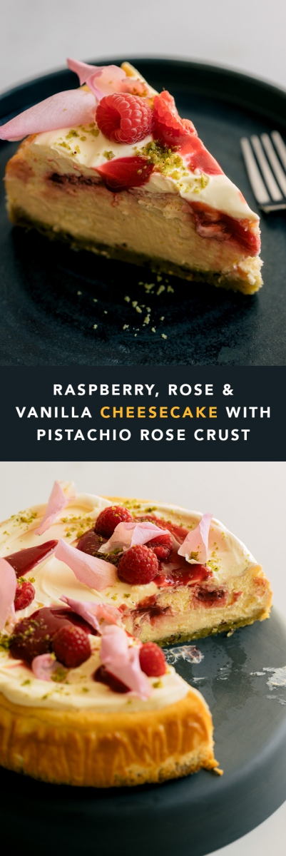 Raspberry, Rose & Vanilla Cheesecake with Pistachio Rose Crust  |  Gather & Feast