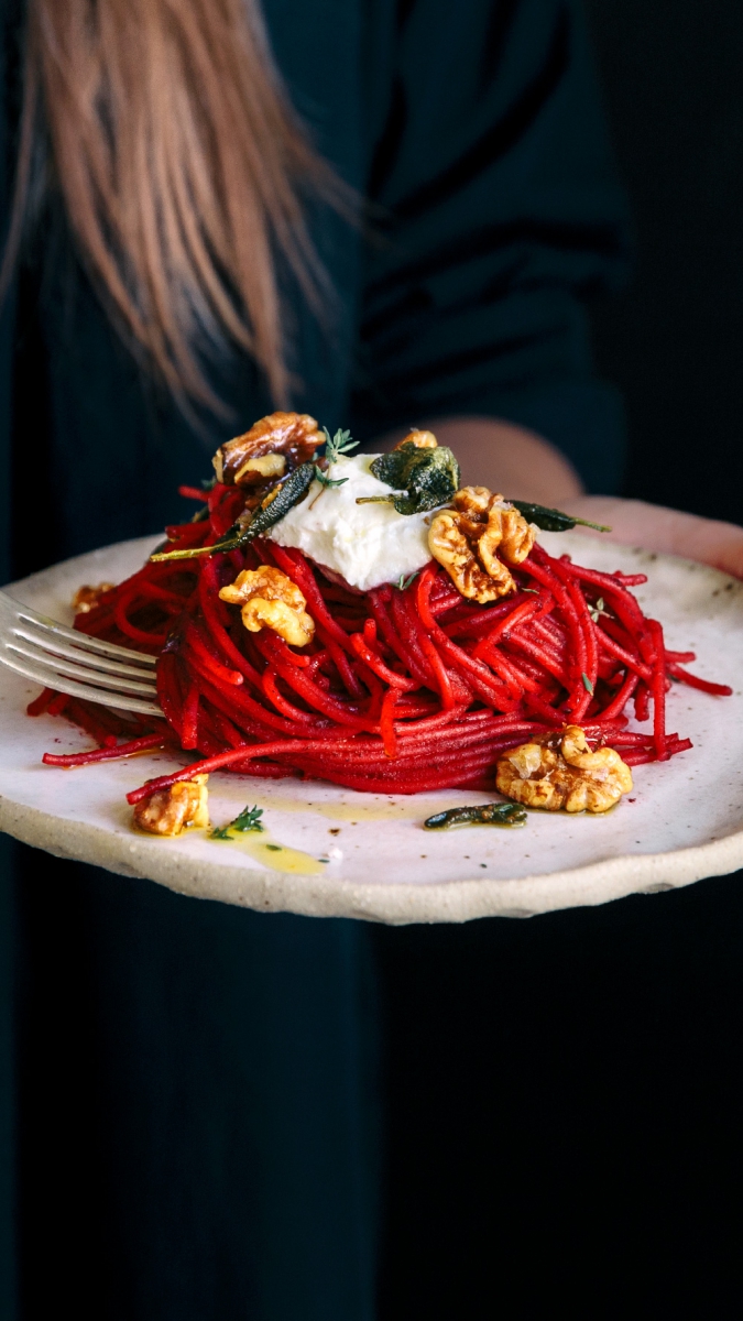 Roasted Beetroot & Thyme Spaghetti with Olive Oil Toasted Walnuts & Sage  |  Gather & Feast