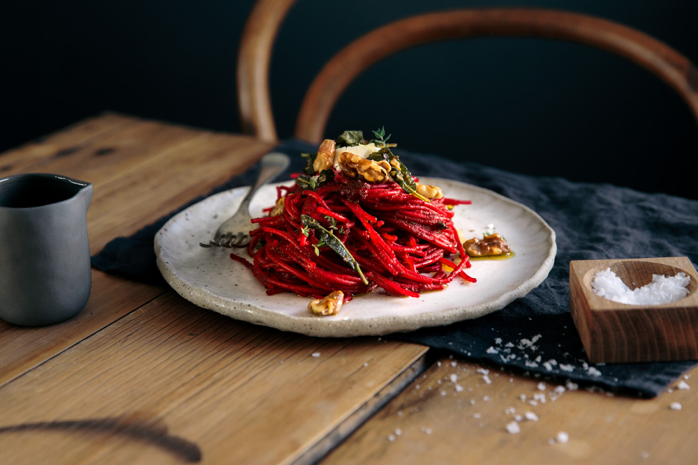 Roasted Beetroot & Thyme Spaghetti with Olive Oil Toasted Walnuts & Sage  |  Gather & Feast