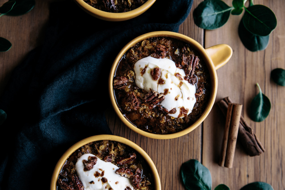 Spiced Carrot Baked Oatmeal with Maple Roasted Pecans  |  Gather & Feast