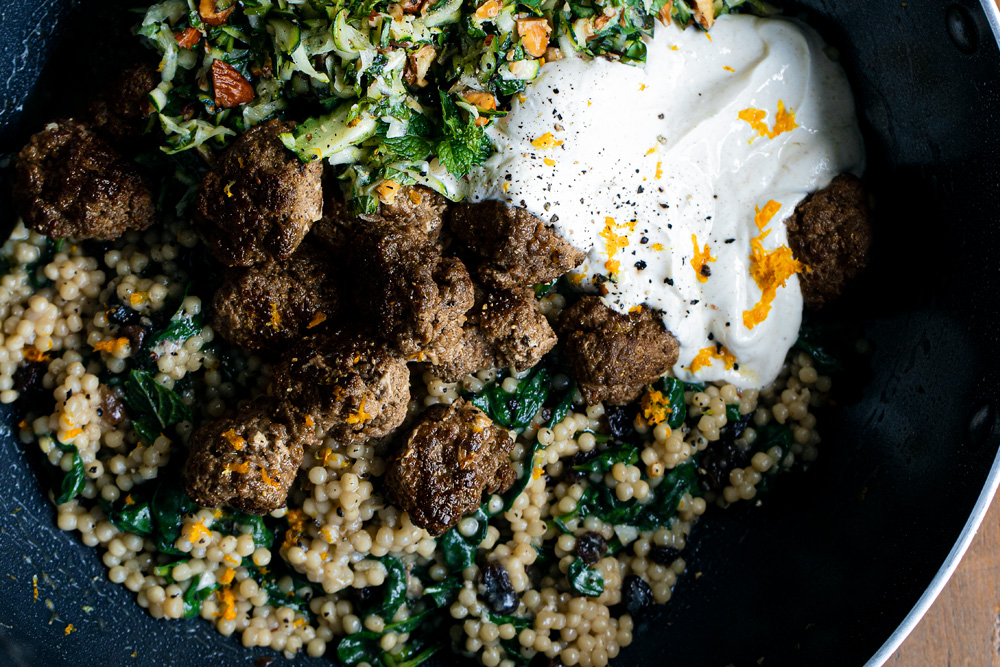 Spiced Meatballs with Pearl (Israeli) Couscous, a Fresh Zucchini Roasted Almond Salad, & Honeyed Yoghurt  |  Gather & Feast