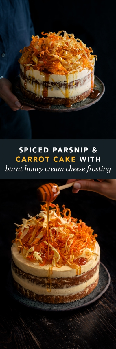 Spiced Parsnip & Carrot Cake with Burnt Honey Cream Cheese Frosting & Root Vegetable Chips  |  Gather & Feast