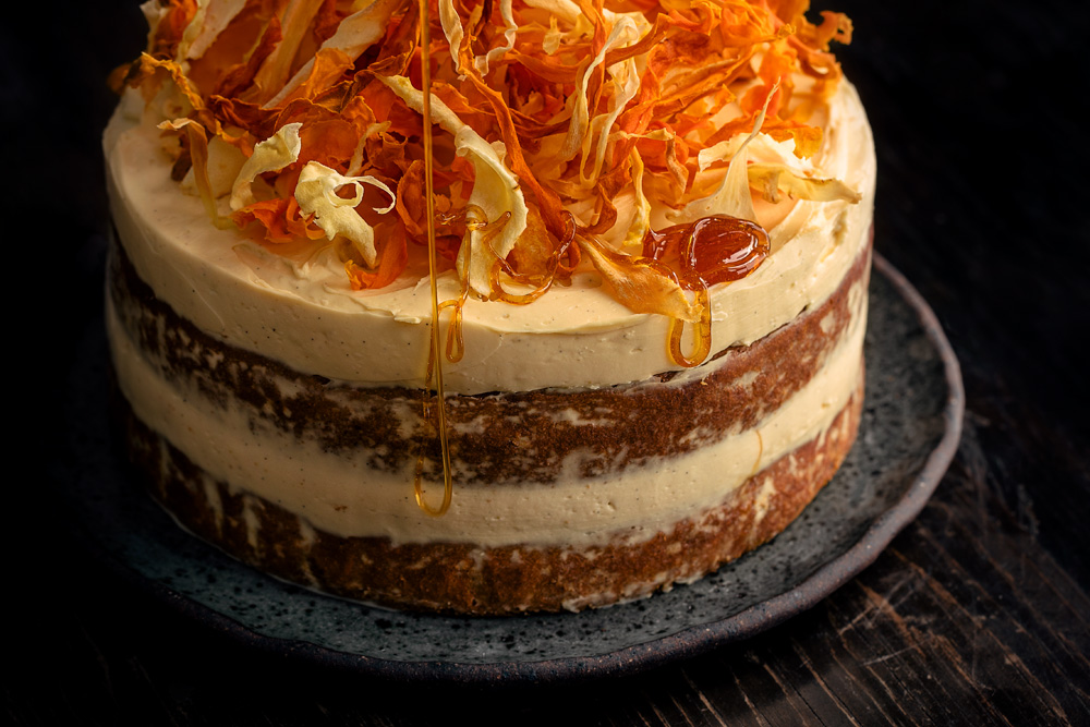 Spiced Parsnip & Carrot Cake with Burnt Honey Cream Cheese Frosting & Root Vegetable Chips  |  Gather & Feast