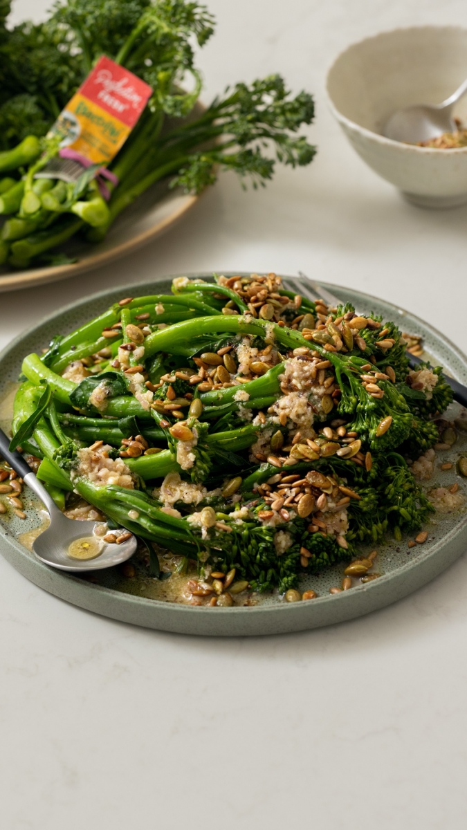 Steamed Broccolini with Zingy Dressing & Olive Oil-Toasted Seeds | Gather & Feast