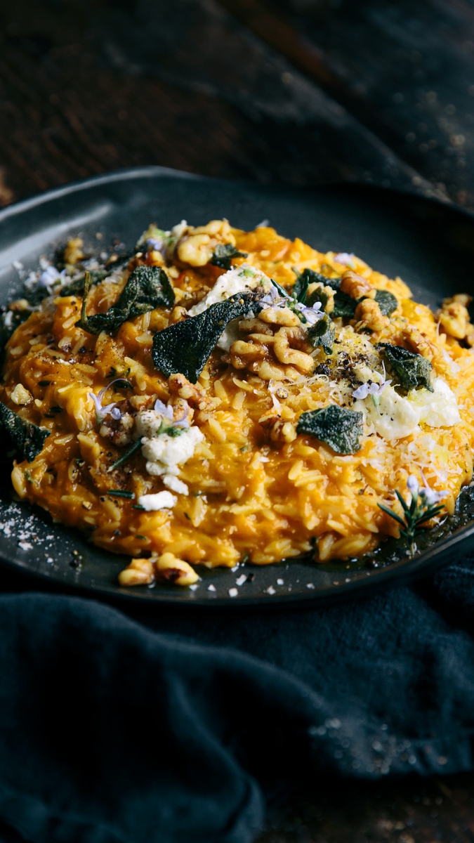 Sweet Potato & Pumpkin Risoni (Orzo) with Crispy Sage & Walnuts  |  Gather & Feast