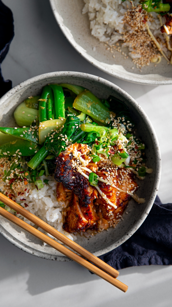 Teriyaki Salmon Bowls with Ginger Sesame Greens & Coconut Rice  |  Gather & Feast