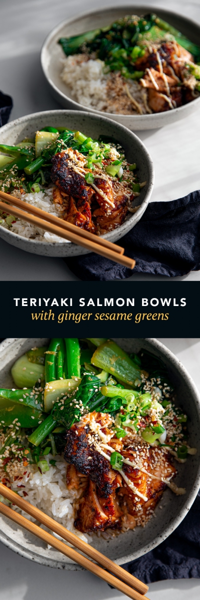 Teriyaki Salmon Bowls with Ginger Sesame Greens & Coconut Rice  |  Gather & Feast