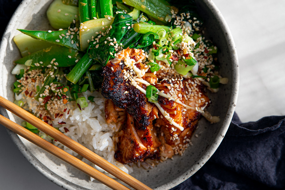 Teriyaki Salmon Bowls with Ginger Sesame Greens & Coconut Rice  |  Gather & Feast