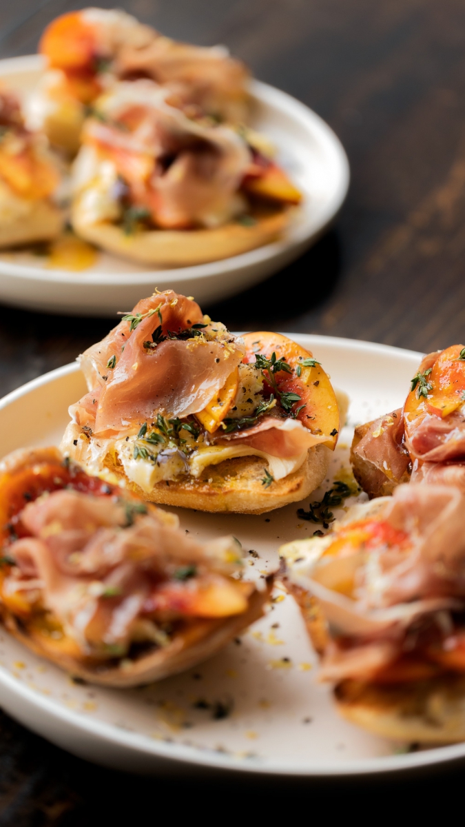 Toasted Ciabatta with Buffalo Mozzarella, Nectarine, Prosciutto & Thyme  |  Gather & Feast