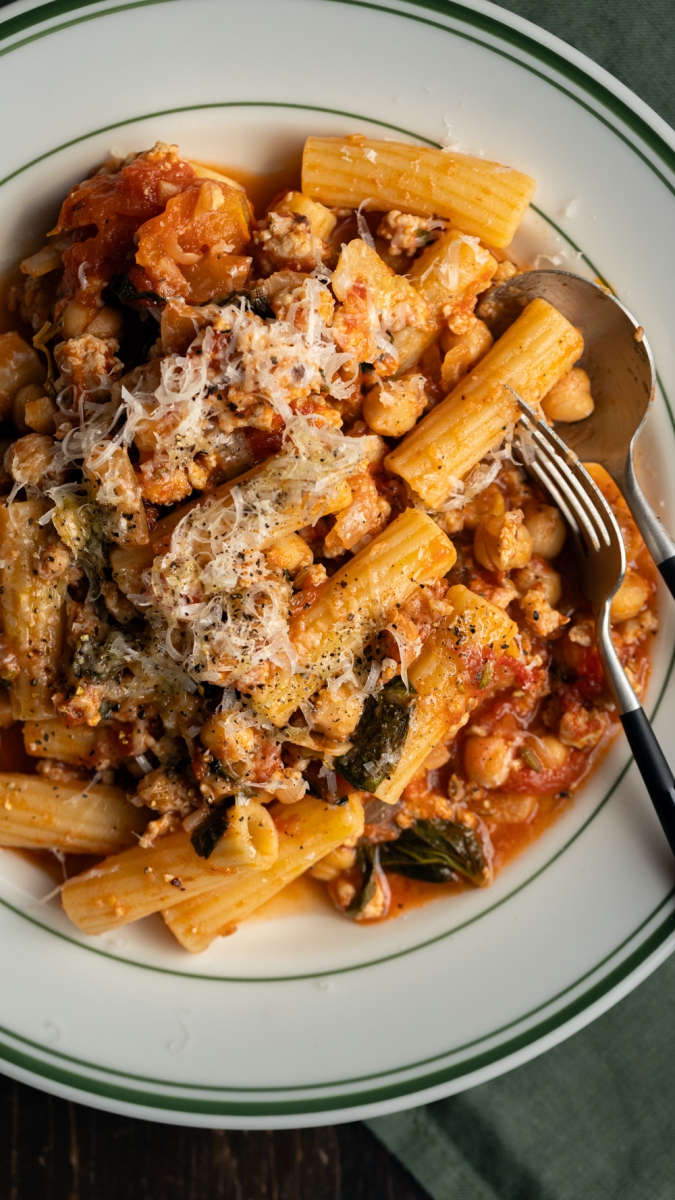 Tomato, Basil, Chicken & Chickpea One-Pan Sauce with Pasta | Gather & Feast