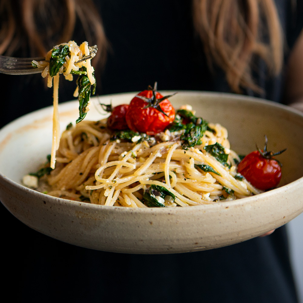 Roasted Tomato, Basil & Feta Spaghetti  |  Gather & Feast