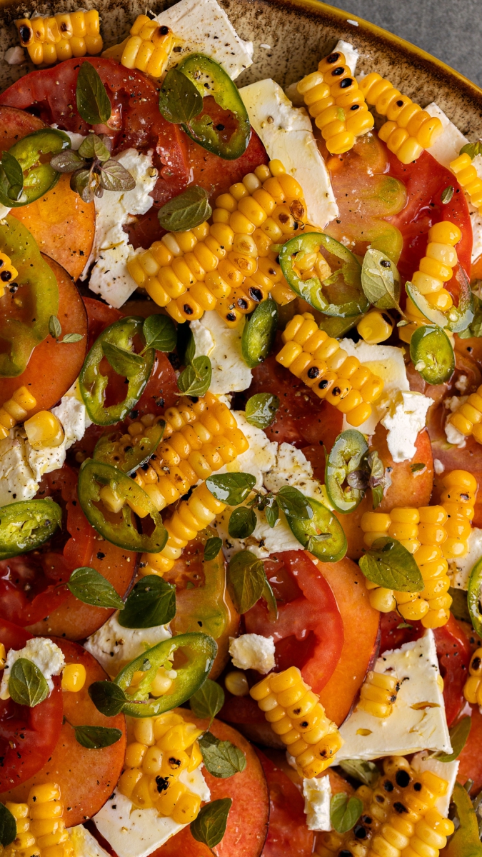 Tomato, Feta, Peach & Charred Corn Salad with Olive Oil & Fresh Green Chili | Gather & Feast