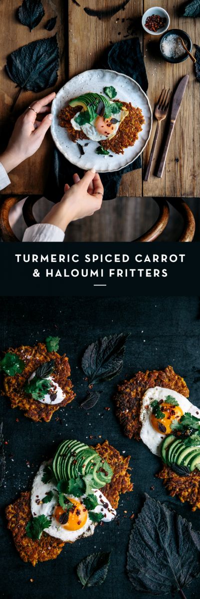 Turmeric Spiced Carrot & Halloumi Fritters with Coriander, Fried Eggs & Avocado  |  Gather & Feast