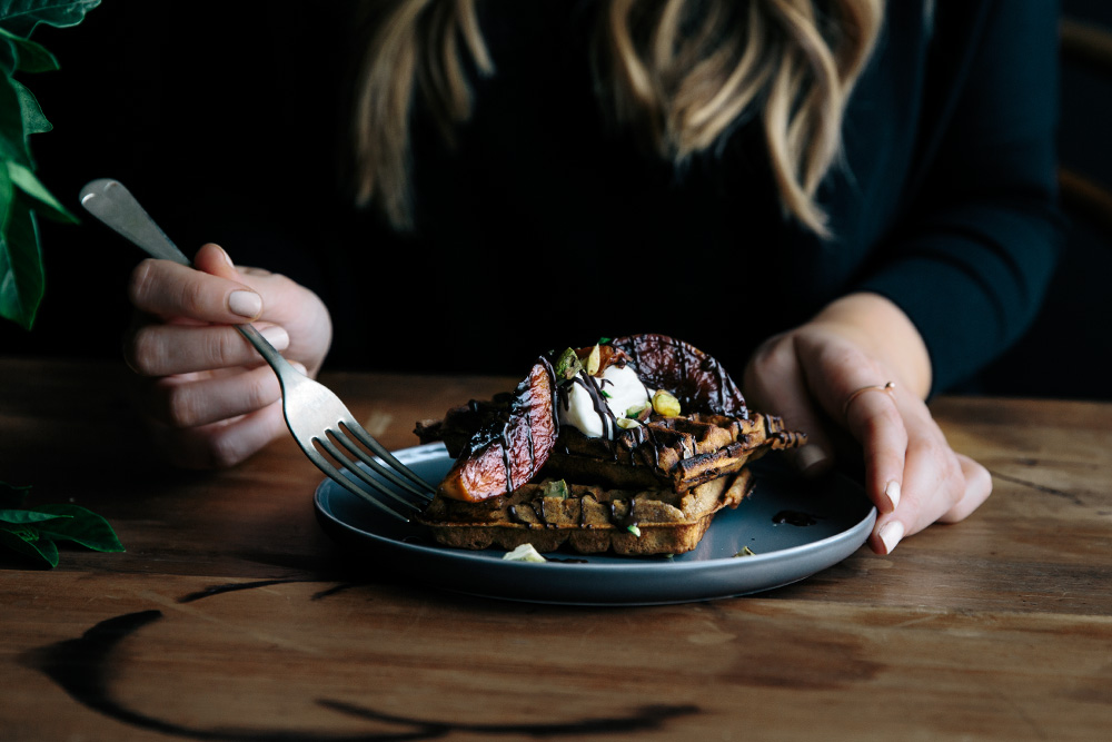 Vanilla Buckwheat Waffles with Caramalised Peaches, Dark Chocolate & Pistachios  |  Gather & Feast