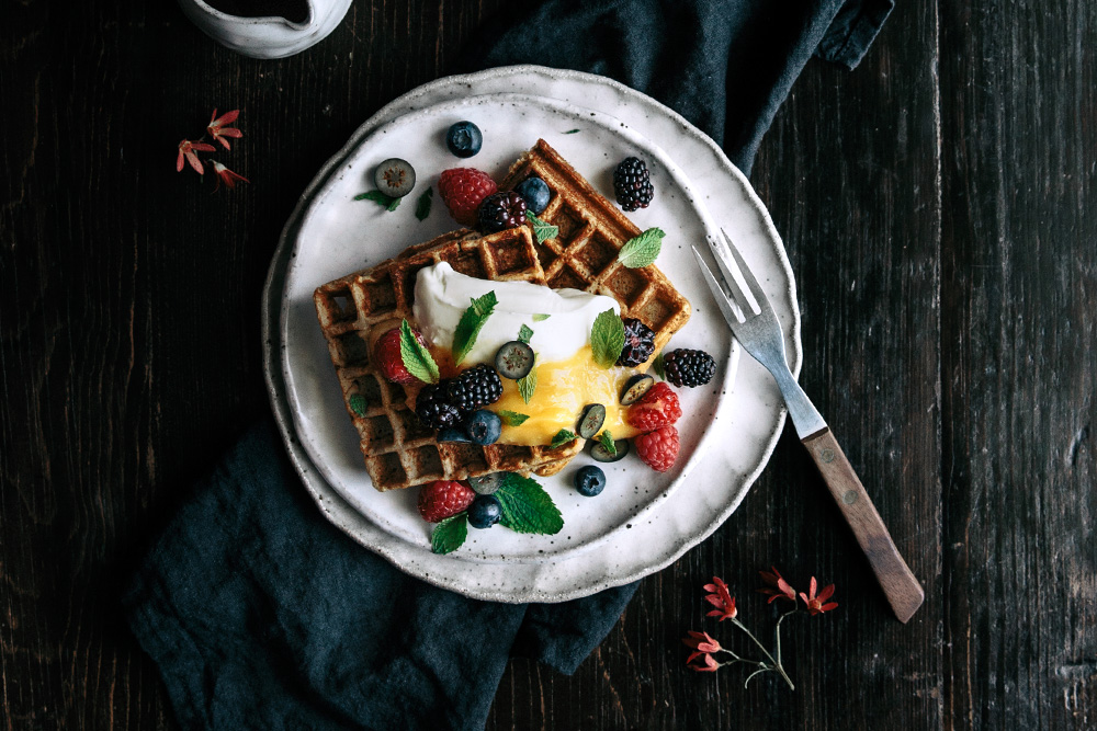 Vanilla Buckwheat Waffles with Lemon Curd, Fresh Berries & Mint  |  Gather & Feast