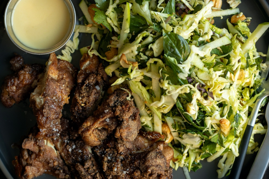 5+Spice+Crispy+Chicken+with+Maple+Dijon+Dipping+Sauce+%26+Green+Apple+%26+Thai+Basil+Slaw+%7C+Gather+%26+Feast